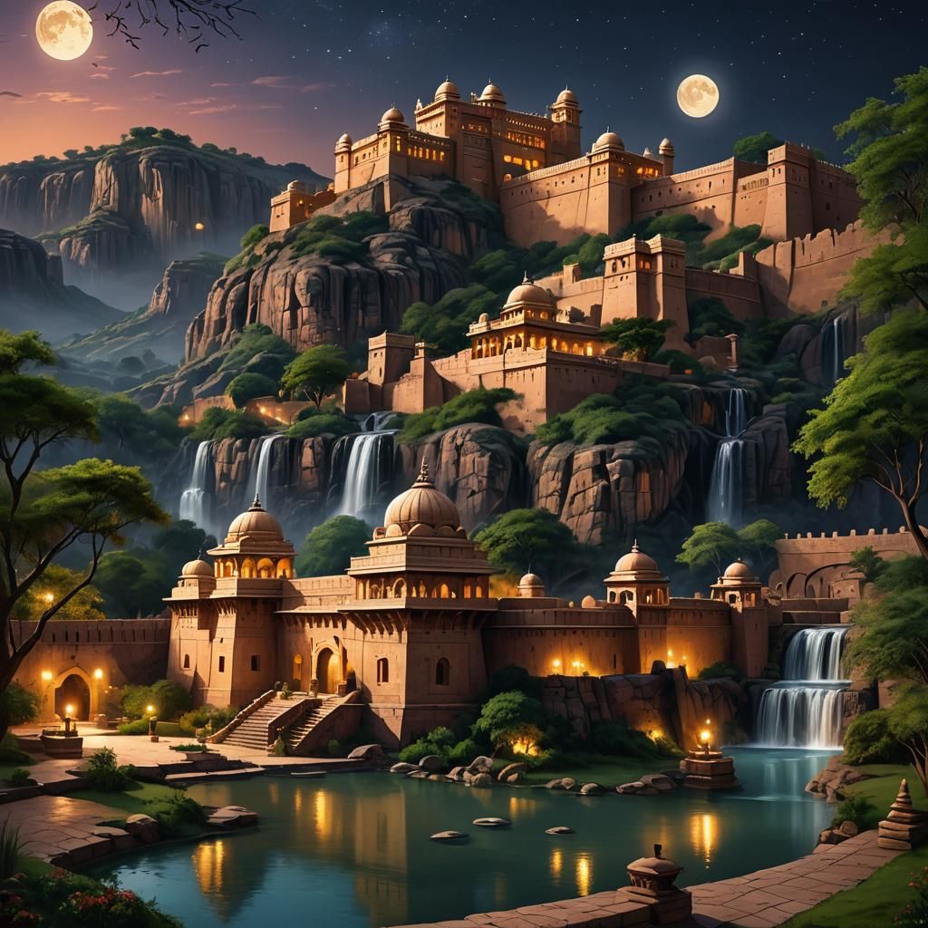 Moonlit Rajasthani Fort with Garden and Waterfall