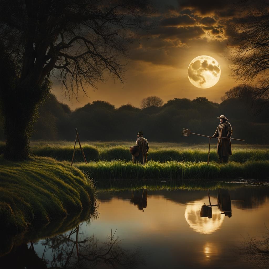 Moonlit Duck Pond with Farmer: Digital Matte Painting