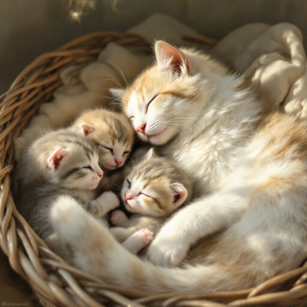 Mother Cat in Cozy Wicker Basket
