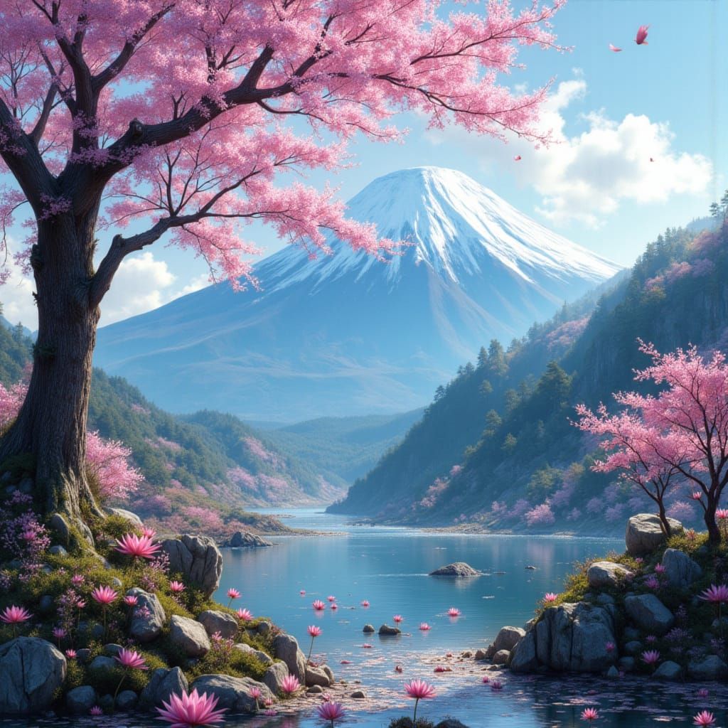 Sakura Tree at Mount Fuji in Brushed Oils Style
