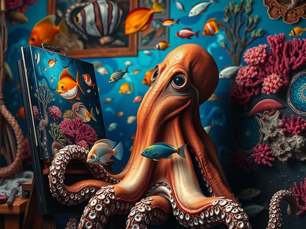 Hyperrealistic Octopus Artist in an Underwater Studio