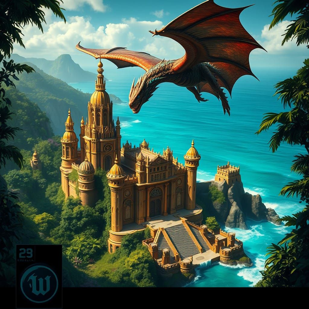 Golden Fantasy Castle Amidst Jungle Majesty with Soaring Dra...