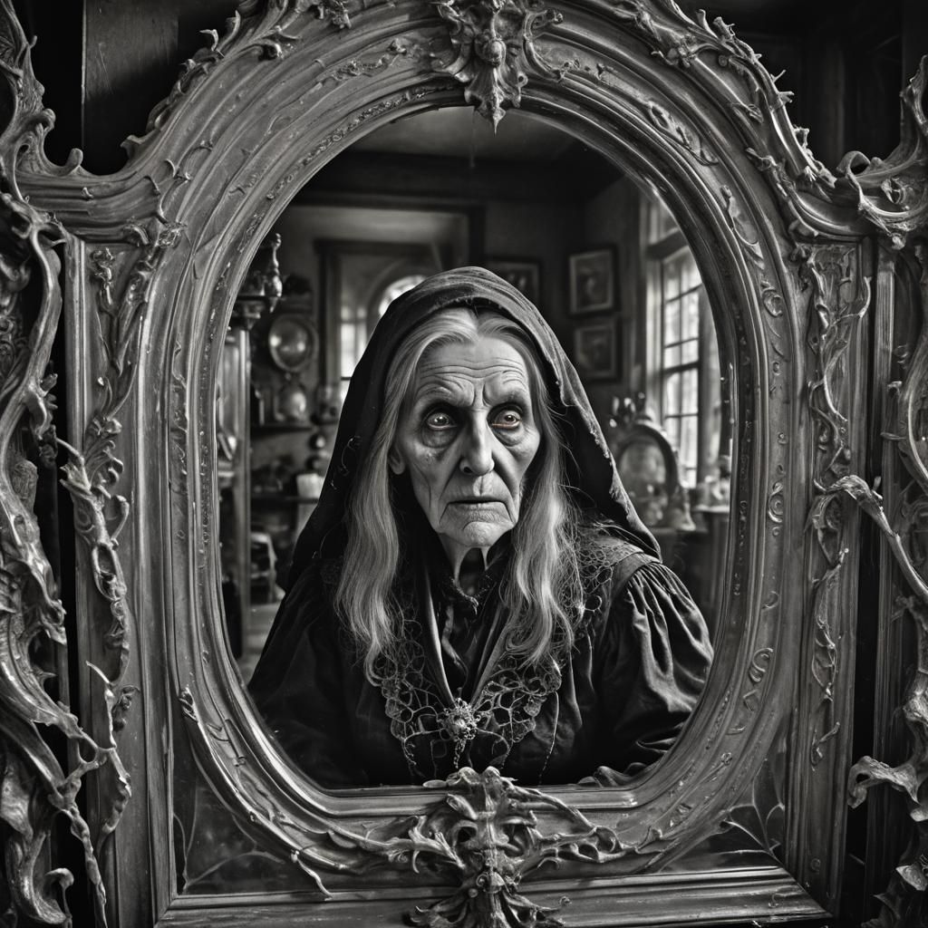 Ghostly Witch Beckons from Antique Mirror
