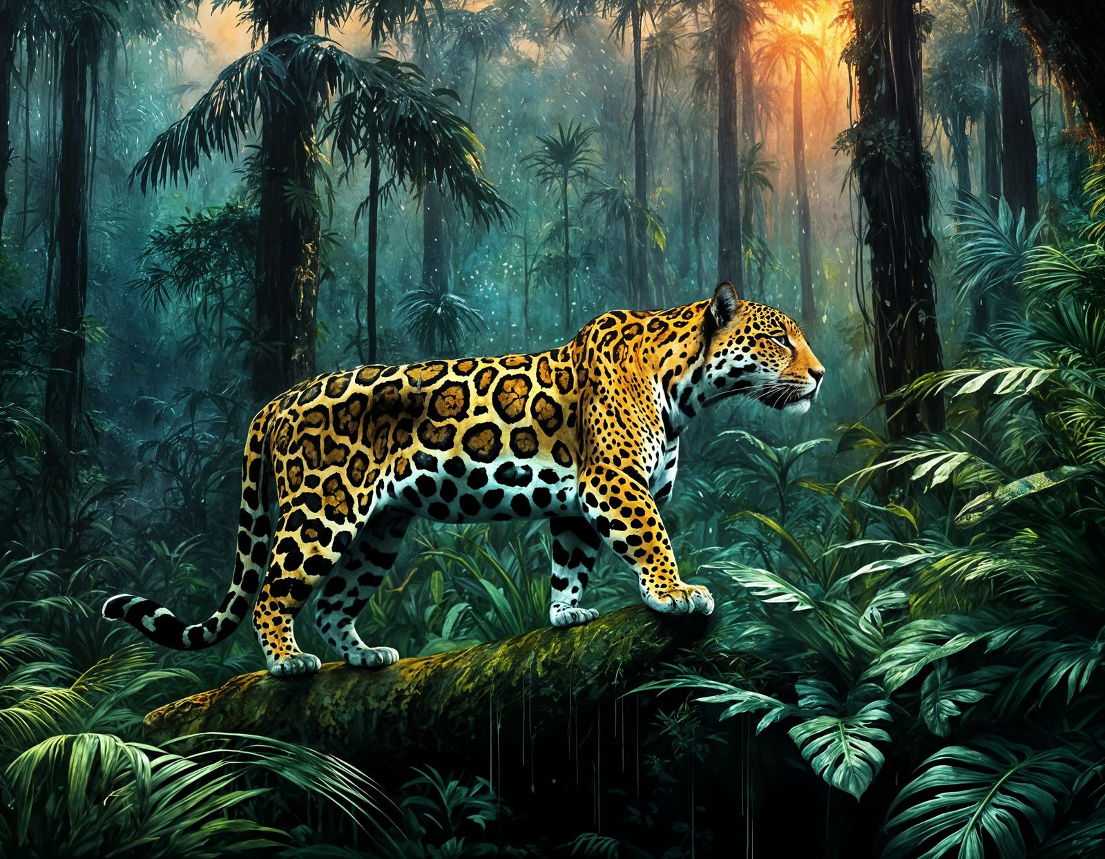 Majestic Jaguar in Rainforest: Stylized Watercolor Art