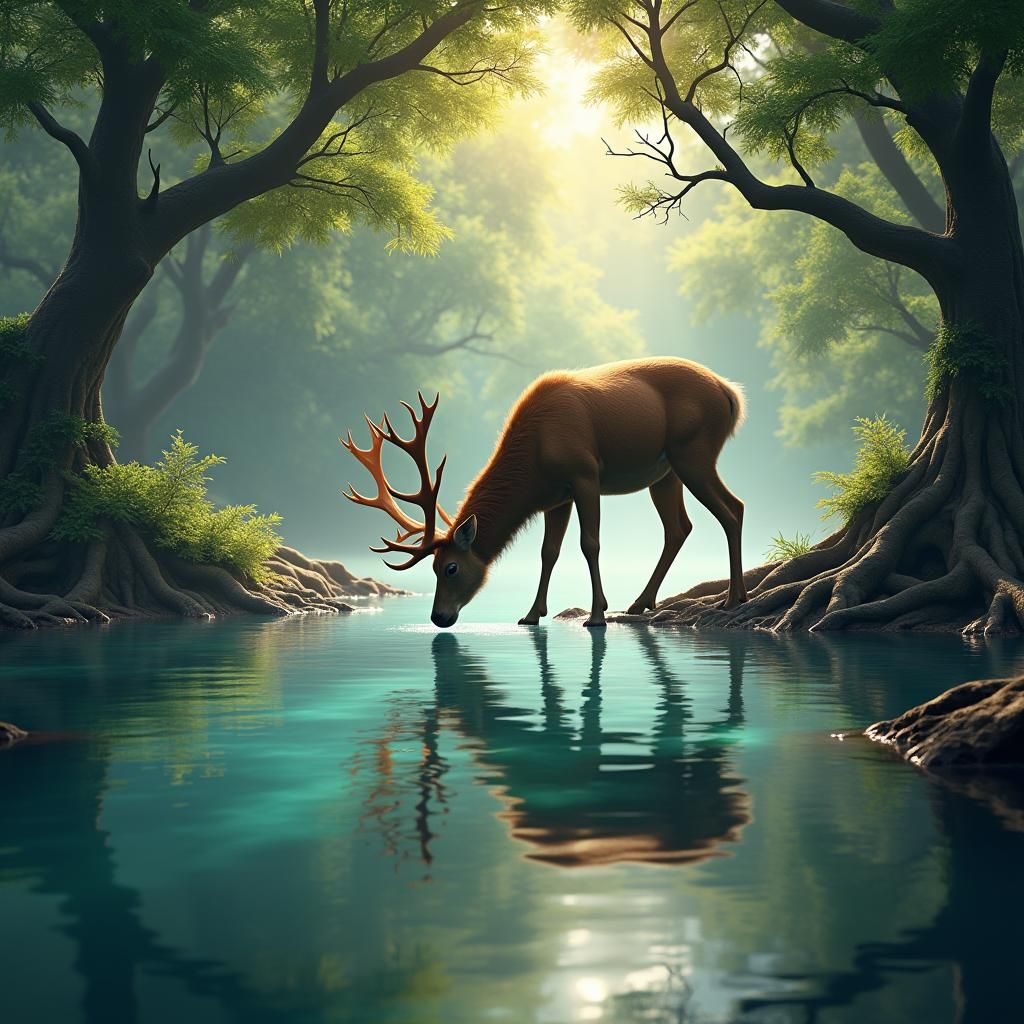 Majestic Deer Drinking in Tranquil Forest Lake
