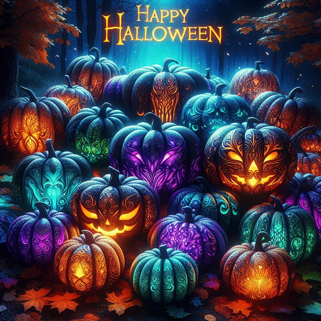Mystical Halloween Pumpkins in Shadowy Woodland