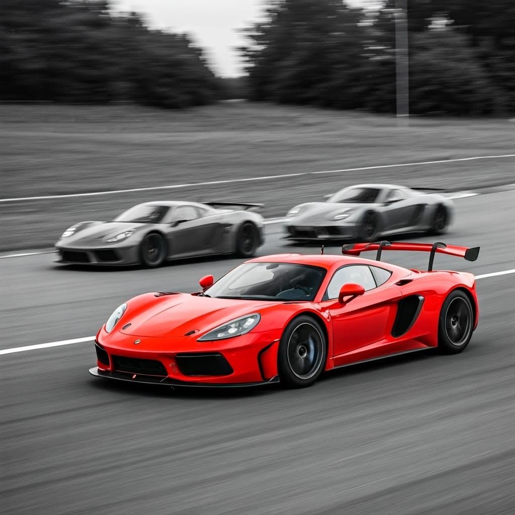 Red Racing Car Wins in Black and White Photo