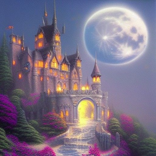 Ethereal Crescent Moon Castle in Mist