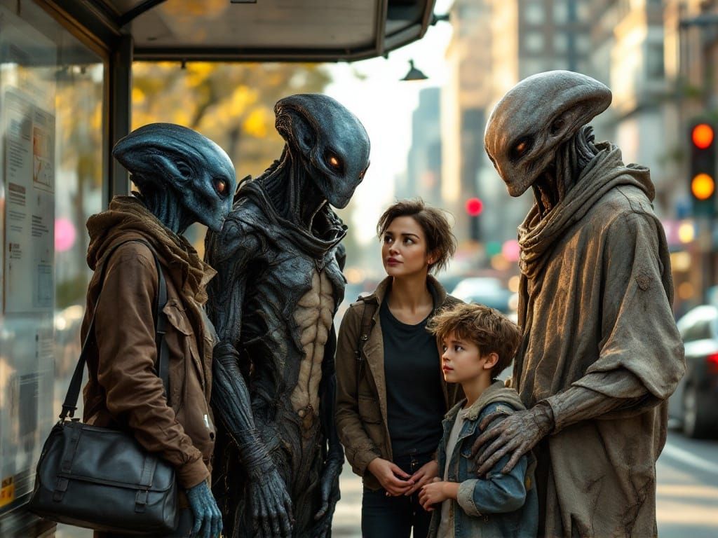 City Bus Stop Scene with Diverse Commuters