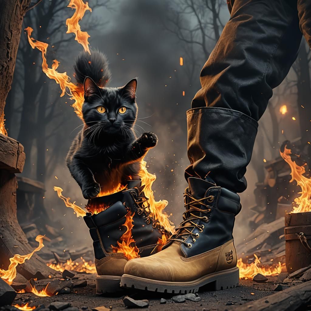 Black Cat in Burning Boot: Fantasy Concept Art