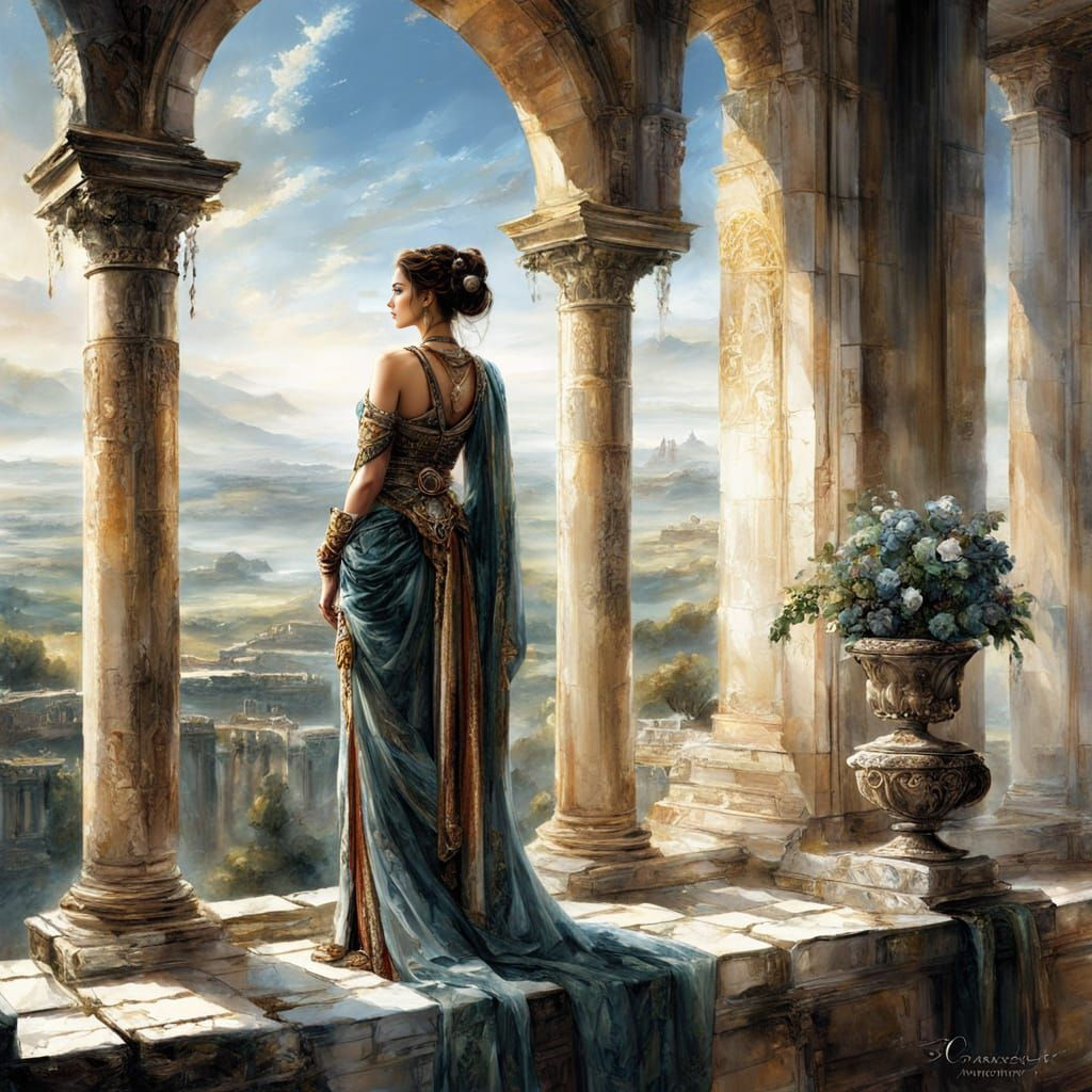 Roman Woman Surveys Ancient Landscape in Abstract Style