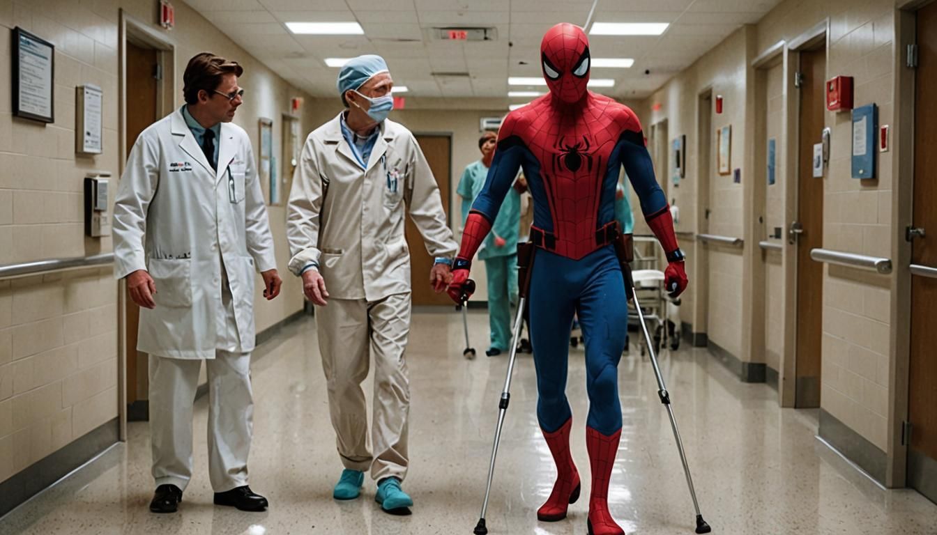 Spider-man, with his arm and leg encased in plaster casts