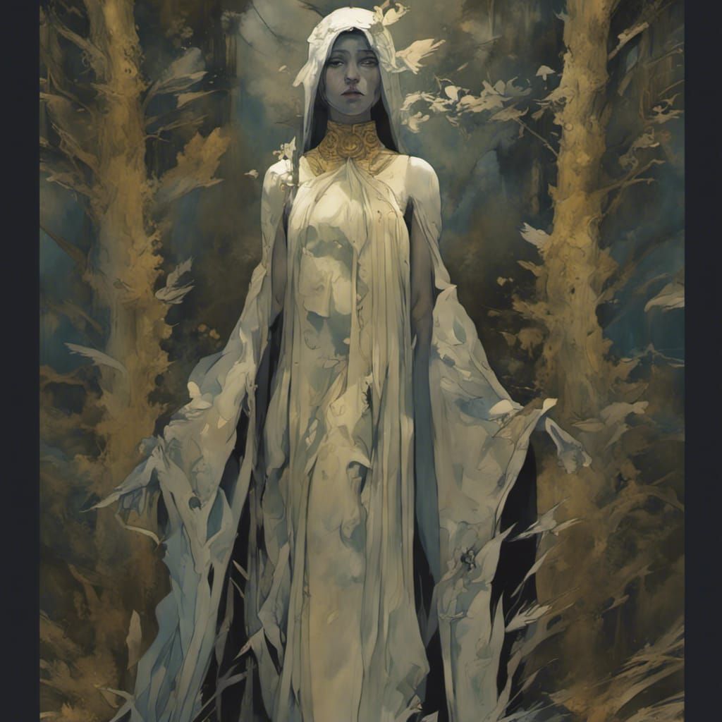 Raven Priestess in Forest, Art Nouveau Style