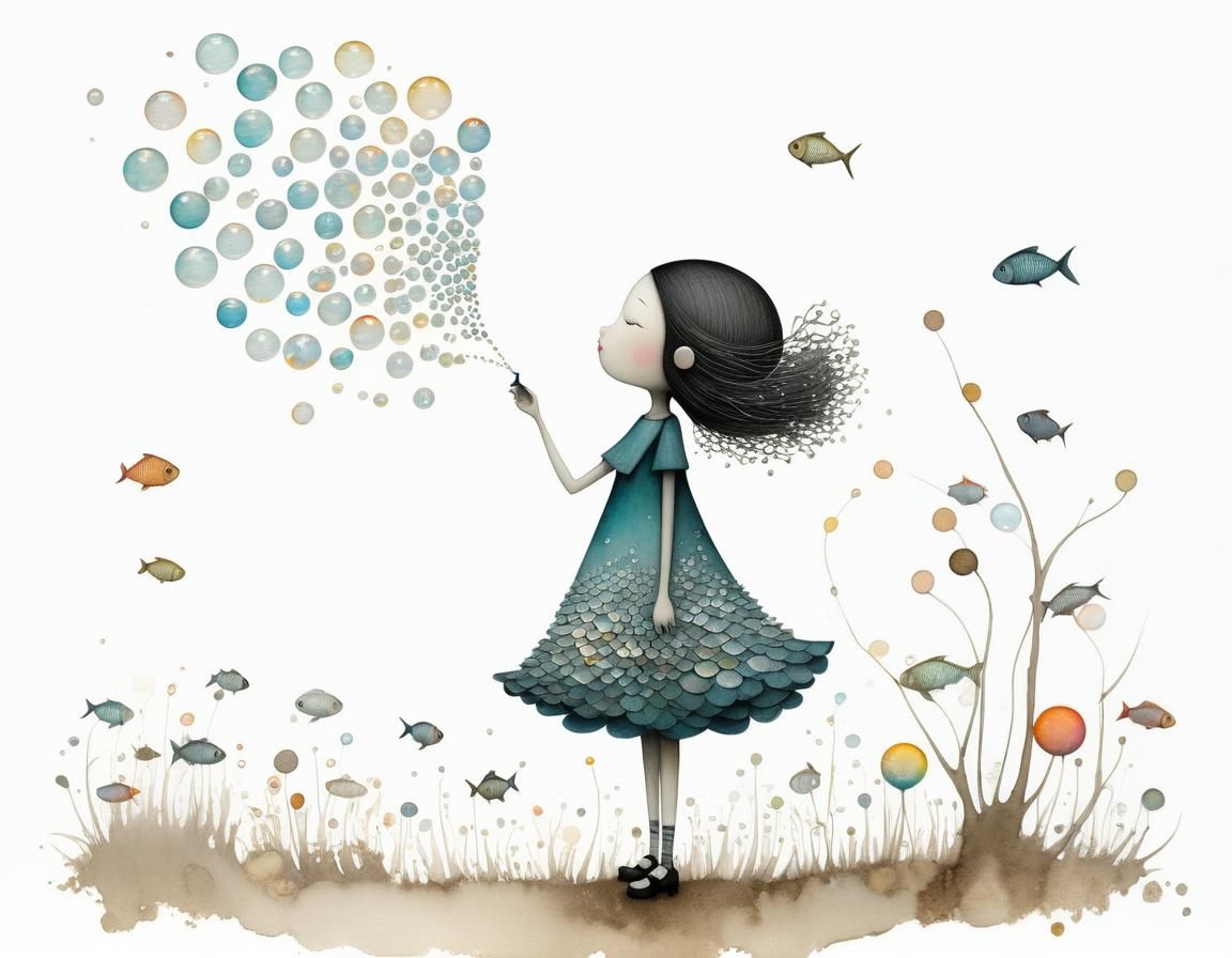 Girl Blowing Bubbles in Surreal Sketch Style