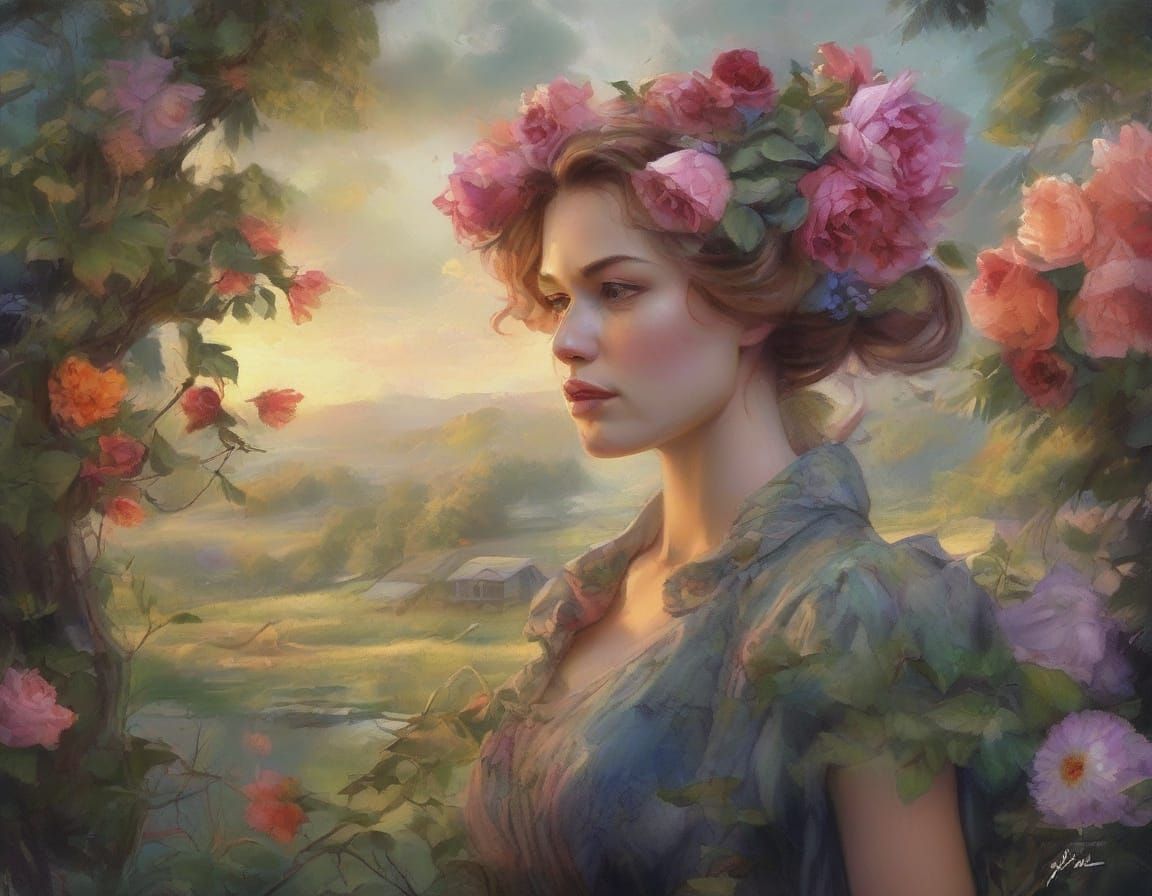 Melancholic Woman in Overgrown Garden, Watercolor Impasto