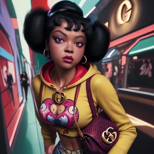 Black Betty Boop Hood Cartoon wearing Gucci clothing Gucci purse Gucci shoes and manicure in mall.