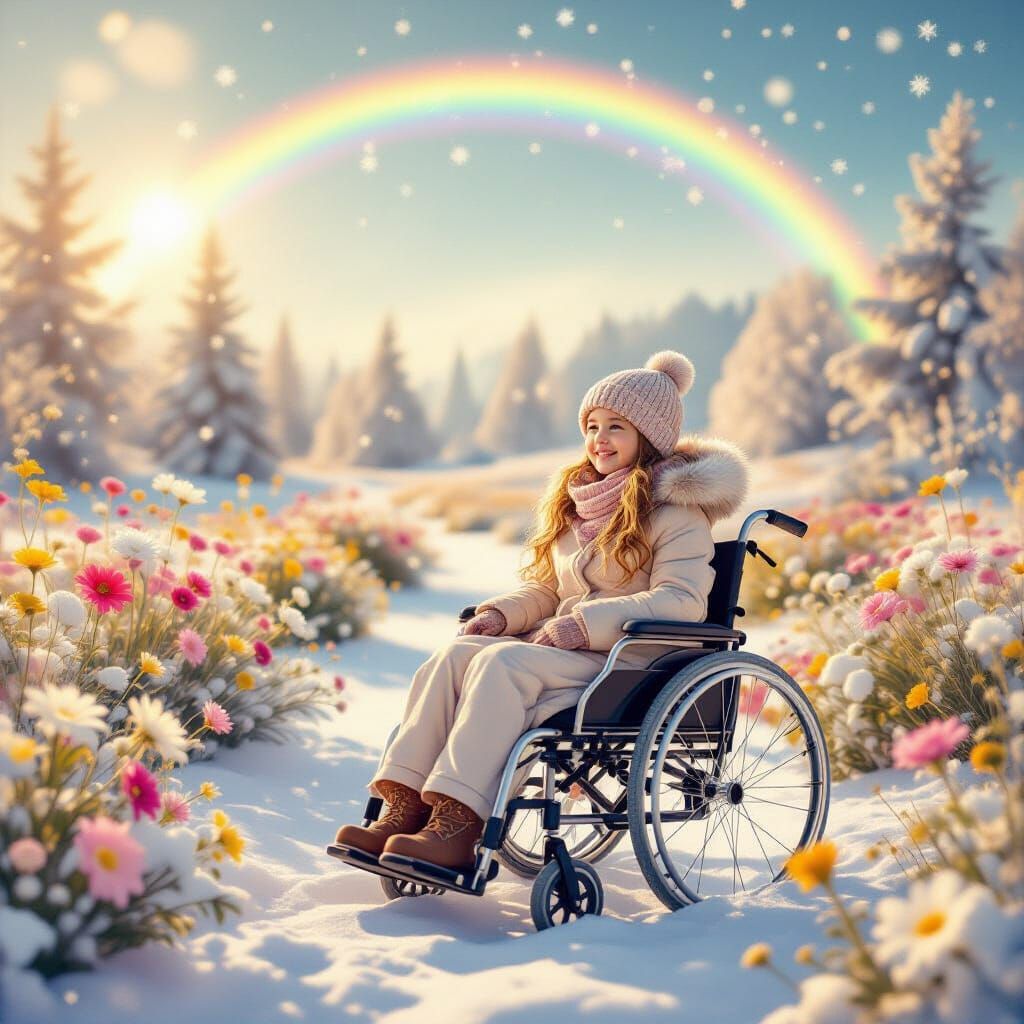 Hopeful Winter Scene with Rainbow and Flowers
