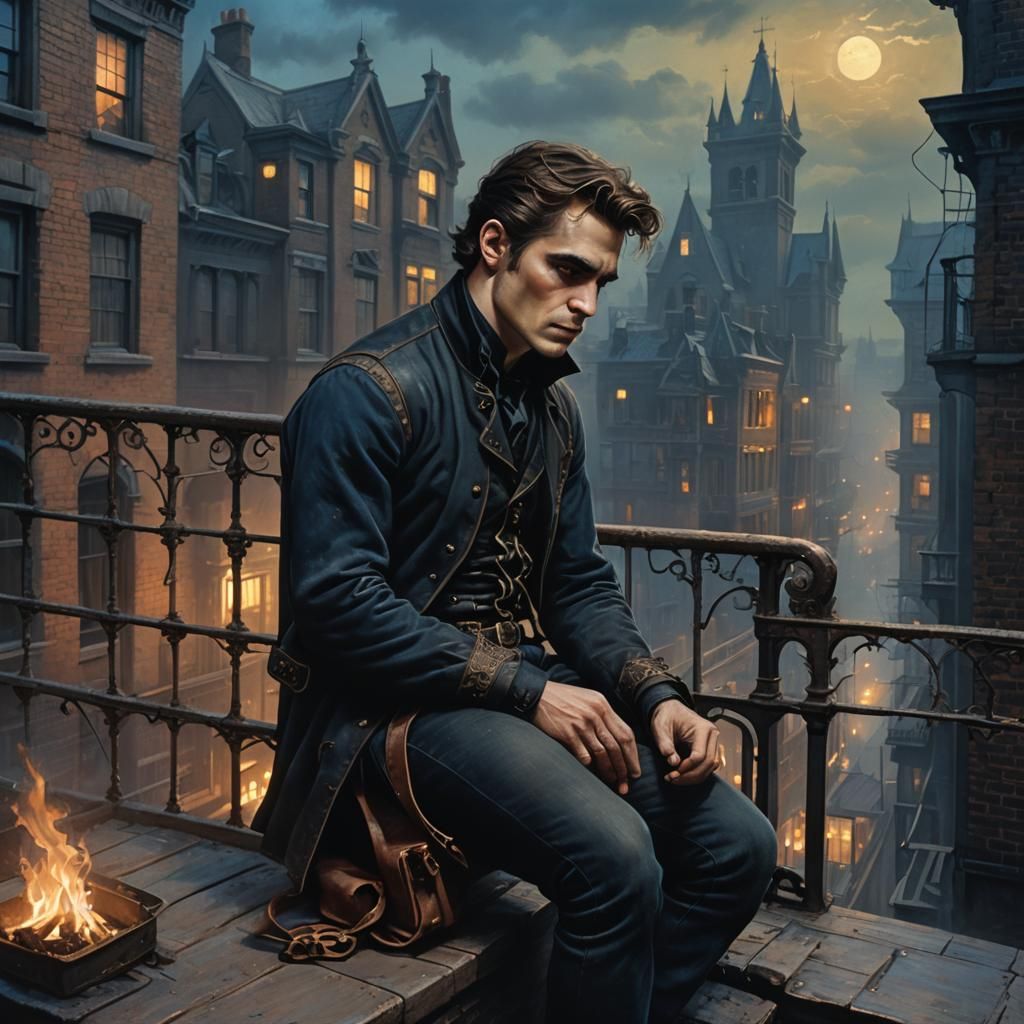 Victorian Gothic Man on Fire Escape at Dusk