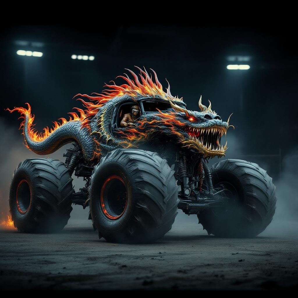 Dragon Monster Truck in Misty Arena: Hyperrealistic Art