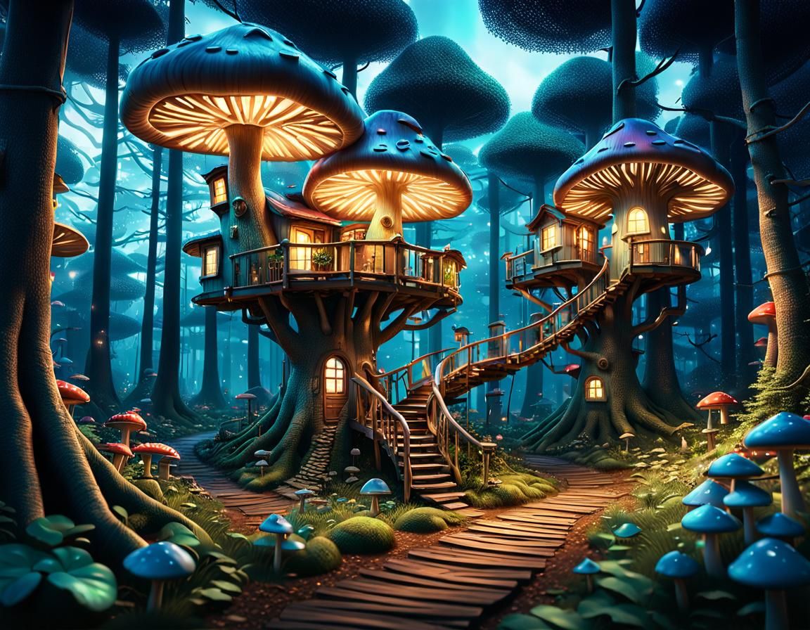Enchanted Treehouse Village in Mushroom Forest