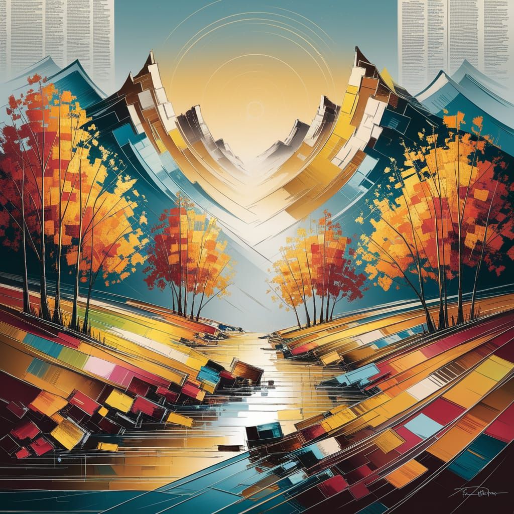 Ethereal Autumn Mountain Landscape in Mixed Media