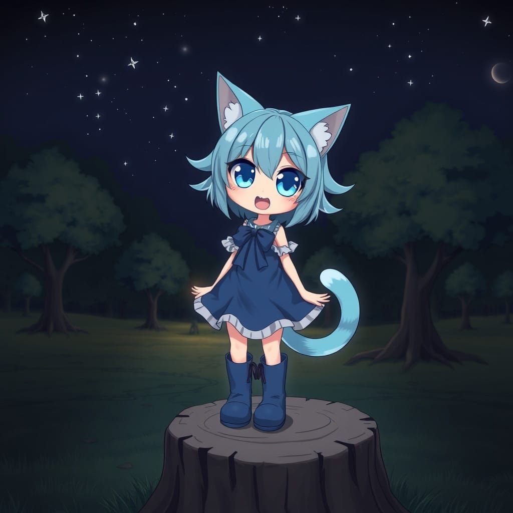 Cute Catgirl Shines in Dark Nighttime Scene