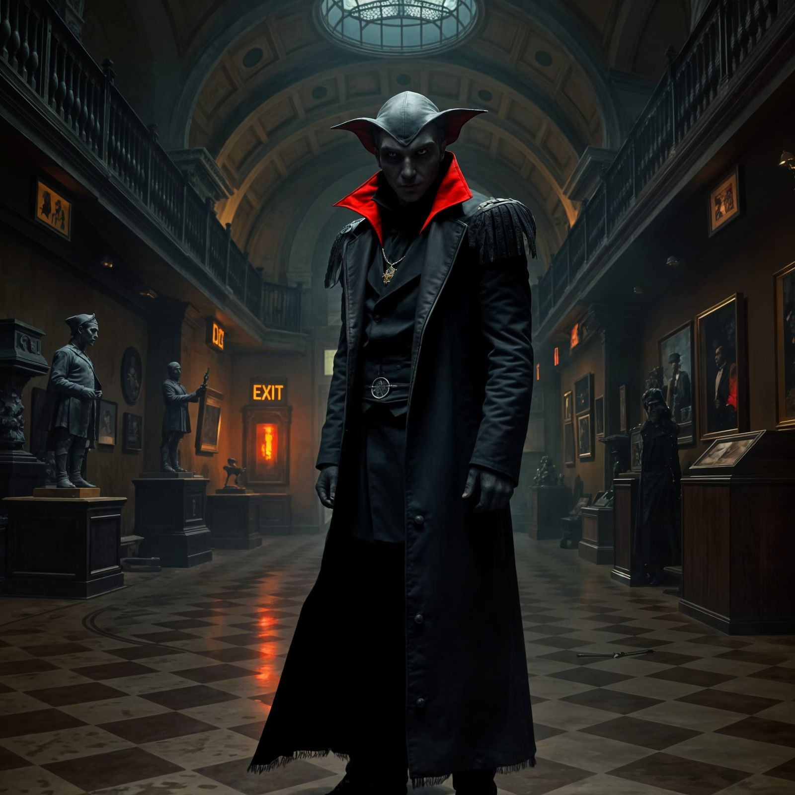 Vampire Watchman Stands Guard in Museum at Night