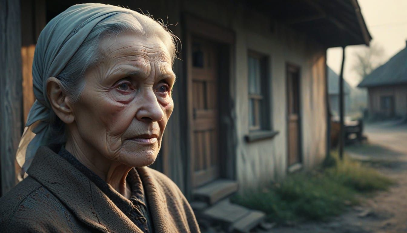 An elderly woman outside her home