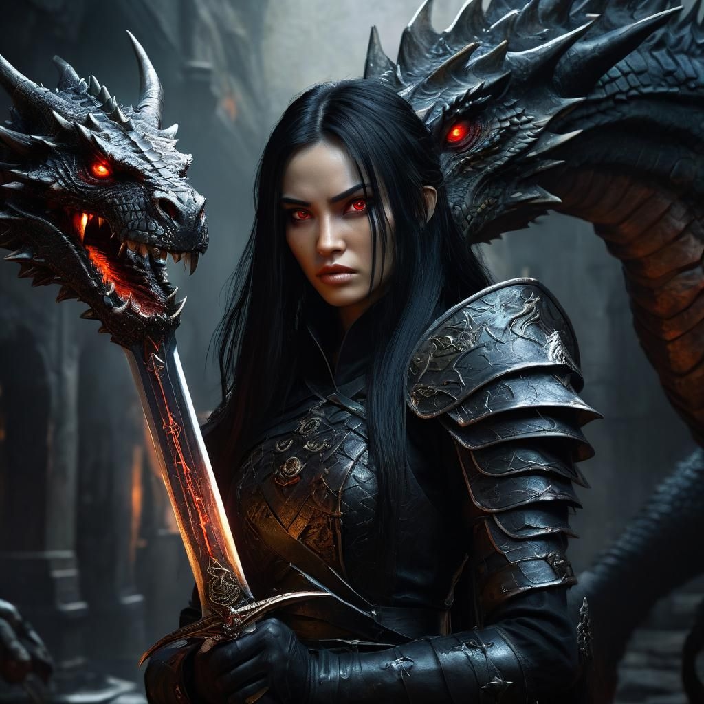 Dark Fantasy Girl Facing Dragon, Splash Screen Art