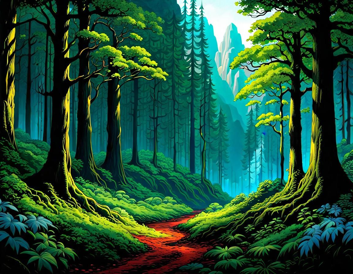 Lush Divine Forest Path in Gouache Watercolor