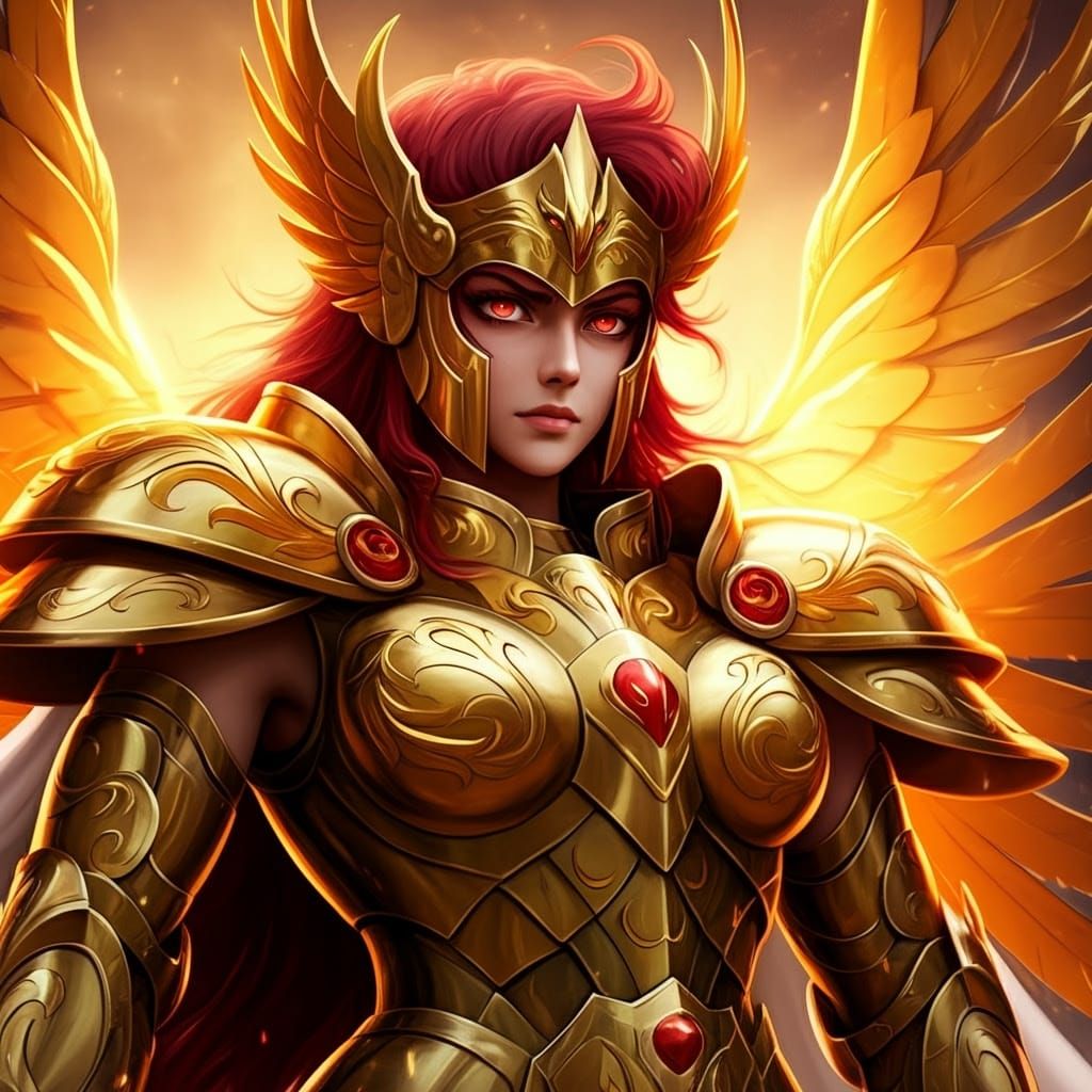Golden Saint with Red Eyes and Hairs in Epic Fantasy Armor