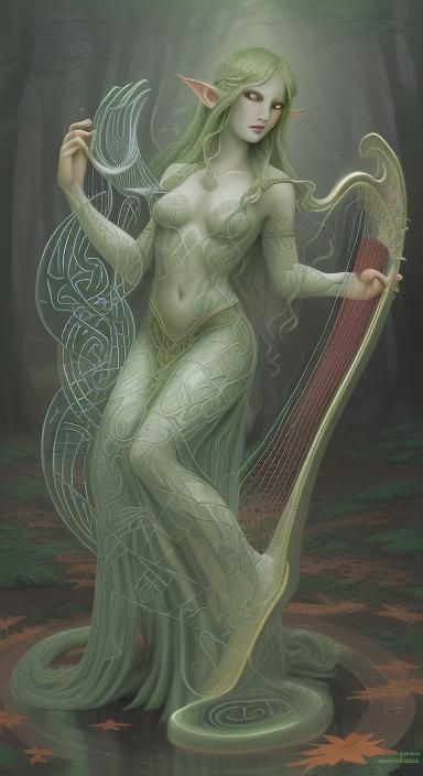 Celtic lamia in red maple forest with harp
