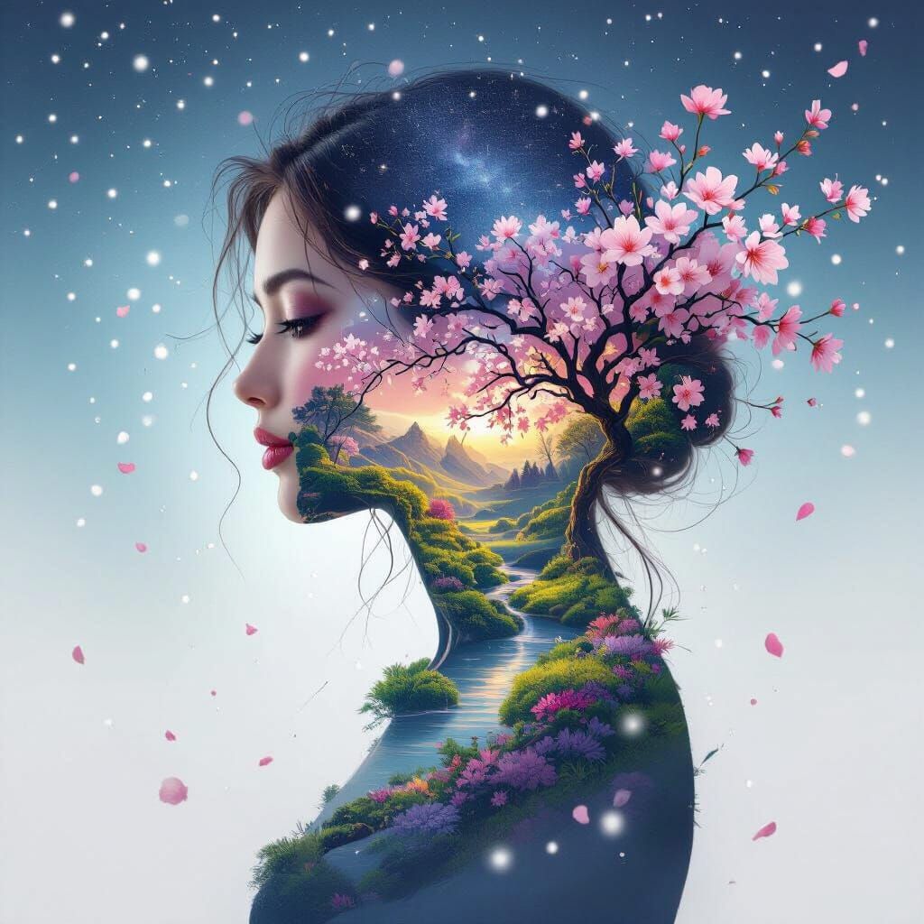 Surreal Woman Portrait Merged with Nature Landscape