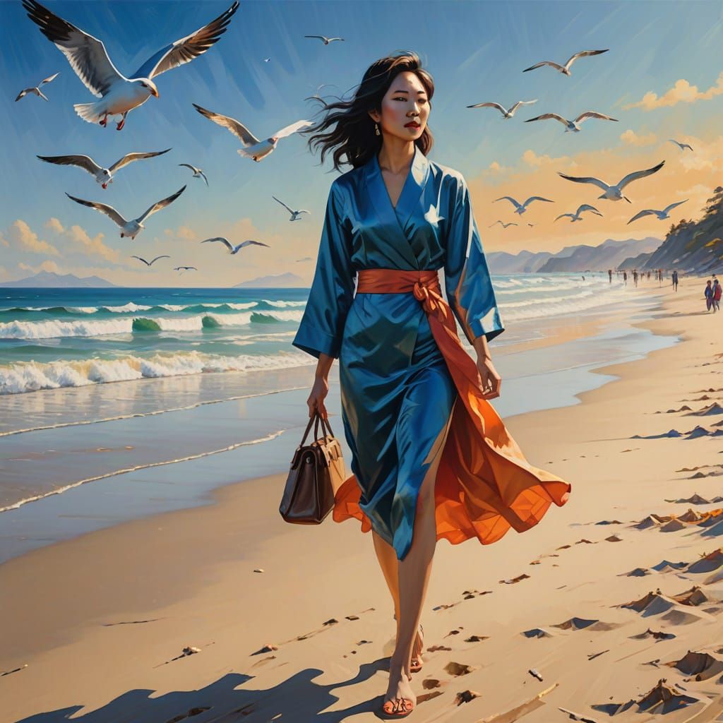 Asian Woman Walking on Beach in Oil Painting Style
