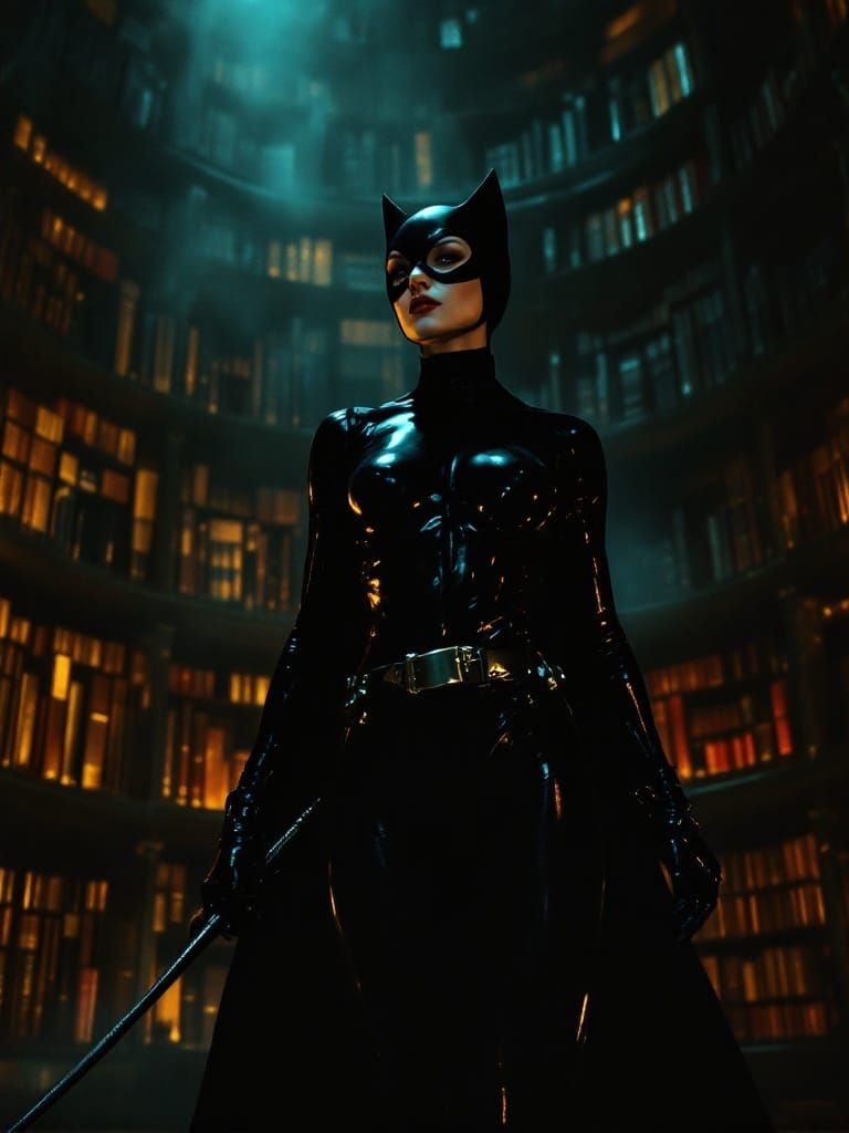 Catwoman in Old Library: Film Noir Cinematic Still