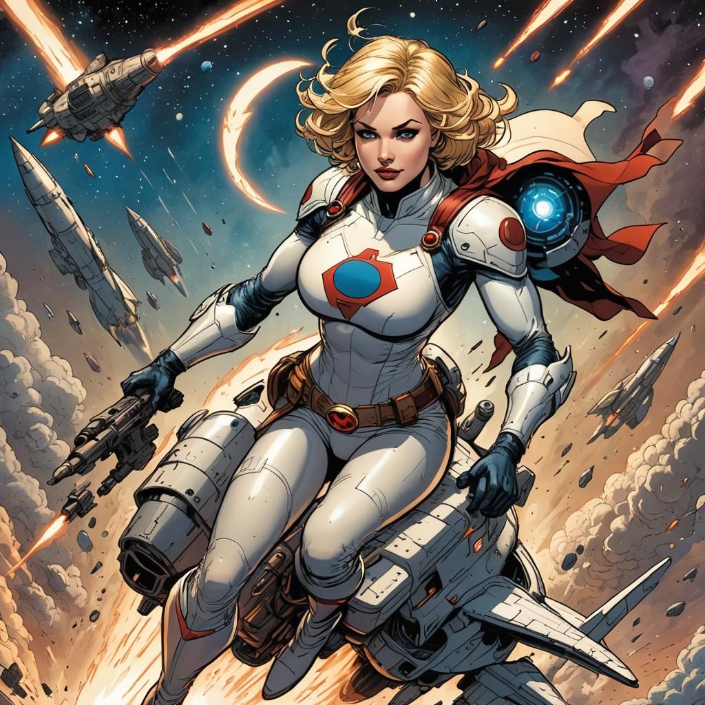 Power Girl Soars on Rocketship in Comic Book Art