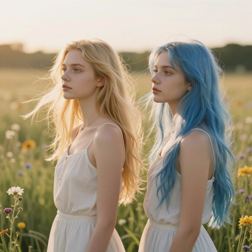 Twin Sisters in Sunlit Meadow with Golden Hour Glow