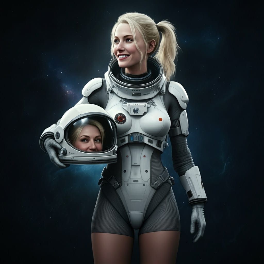 Smiling Blonde Astronaut in White Spacesuit with Red Heels