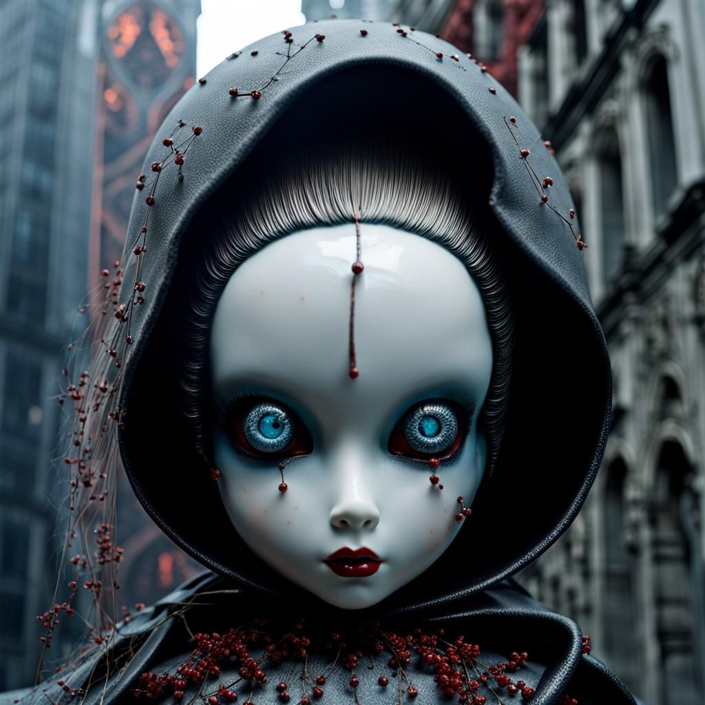 Gothic Doll Reflecting Burning Buildings