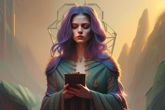Elegant Female Wizard Reads Magical Scripture