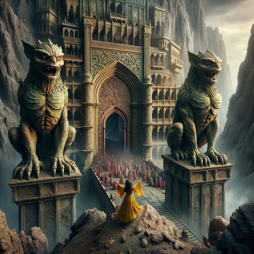 Ominous Palace with Gargoyles and Girl in Yellow Dress