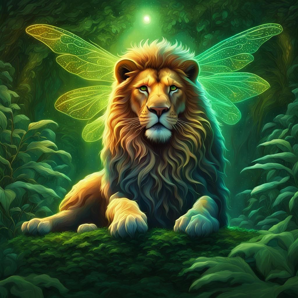 Glowing Leaf Lion with Dragonfly Wings