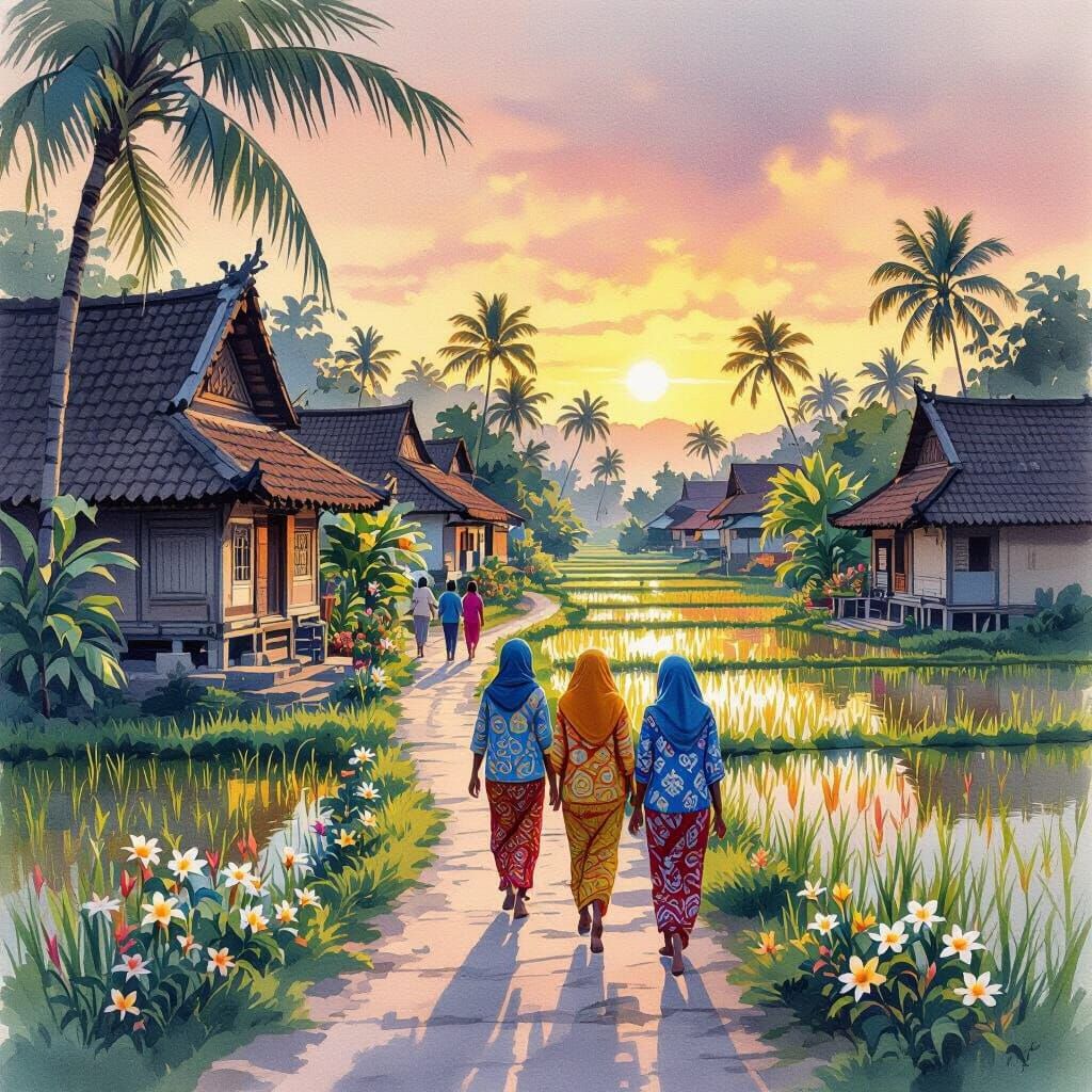 Indonesian Village Sunset: A Watercolor Painting