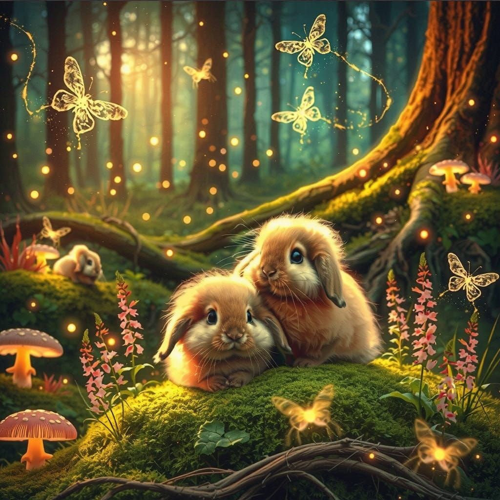 Dreamy Twilight Woodland Scene with Glowing Rabbits