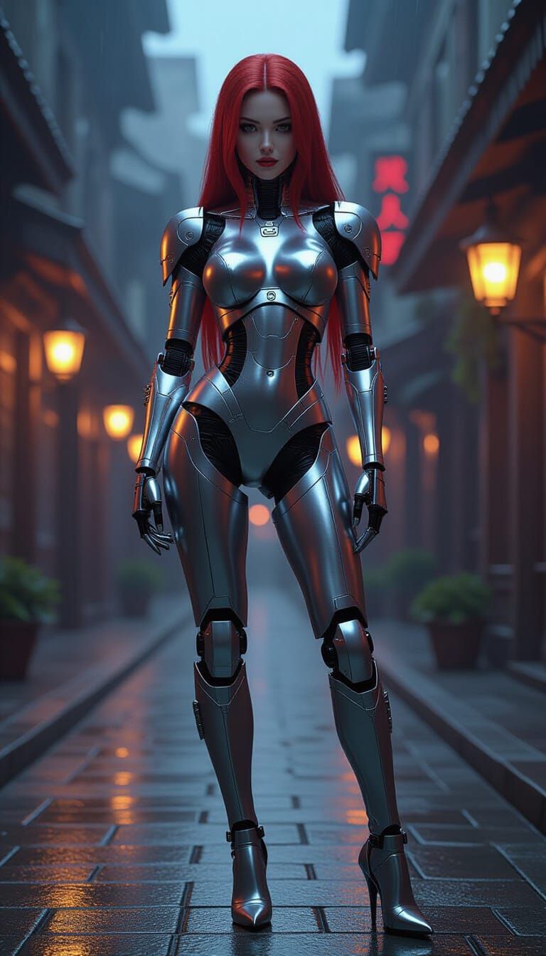Cyberpunk Gynoid with Red Hair in Metallic Body