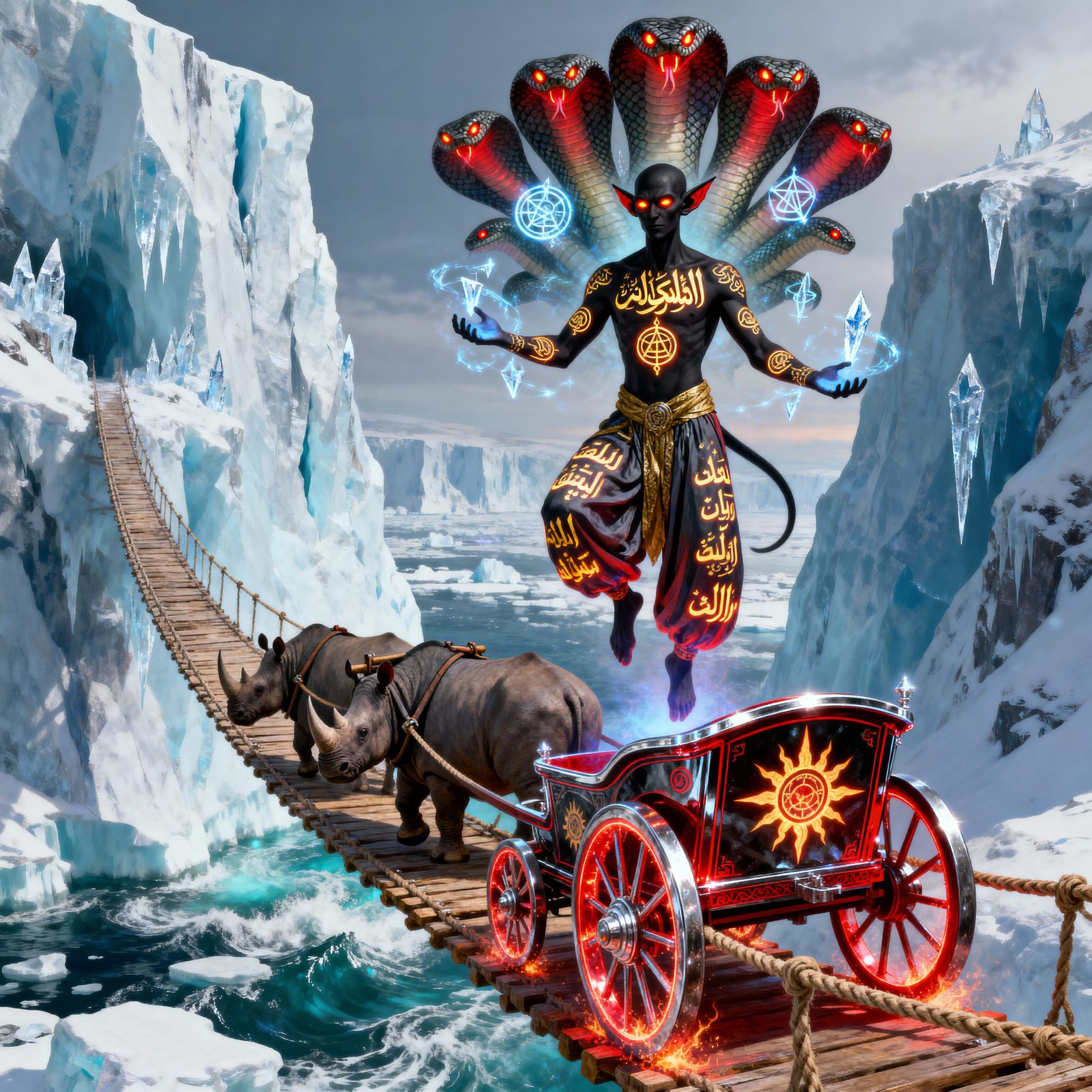 Cyberpunk Sorcerer on Fiery Chariot Crossing Glacial Bridge