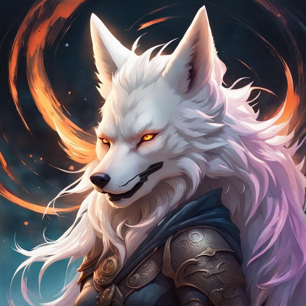 Galaxy Kitsune vs Shadow Werewolves: Hyperdetailed Portrait