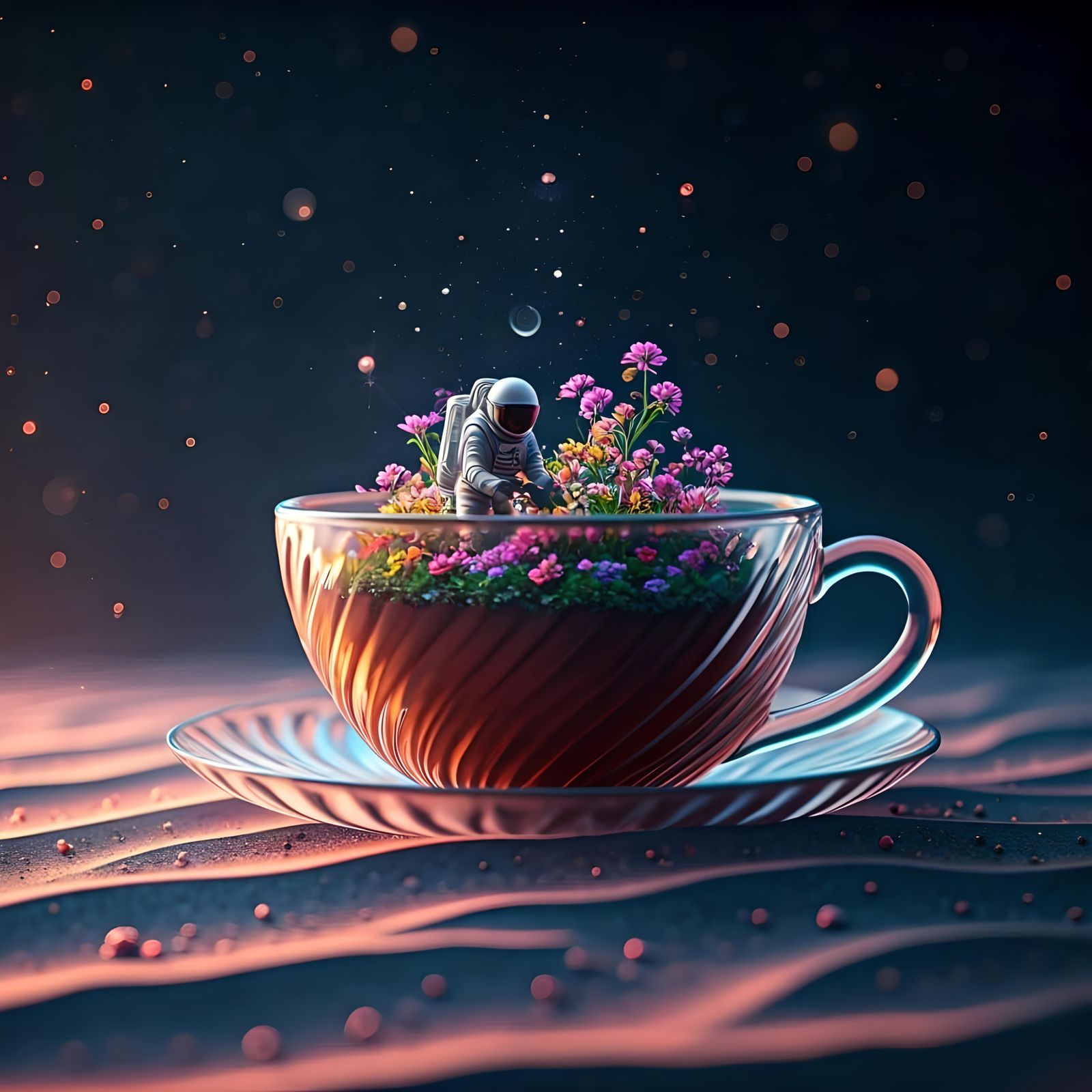 Astronaut in Teacup Garden on Starry Sand