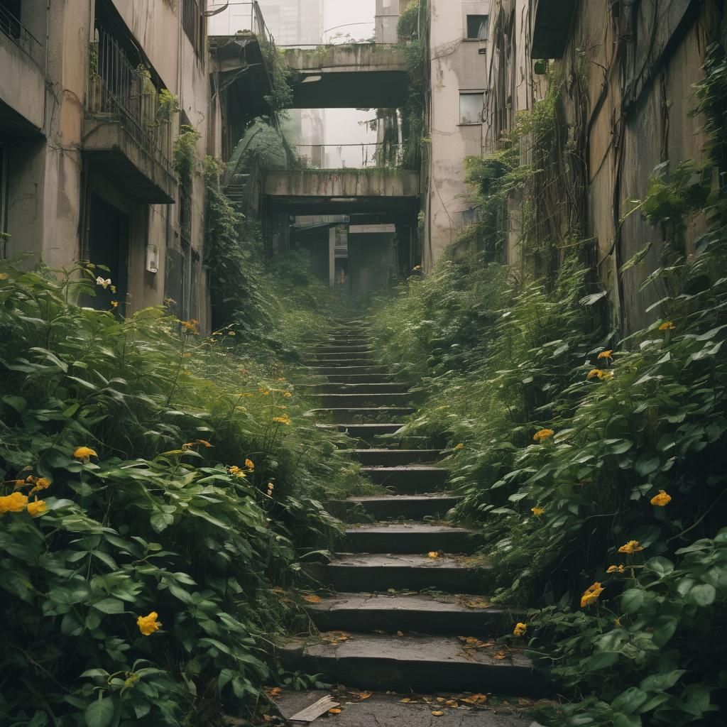 Nature Reclaims a Ruined City: Cinematic Film Still