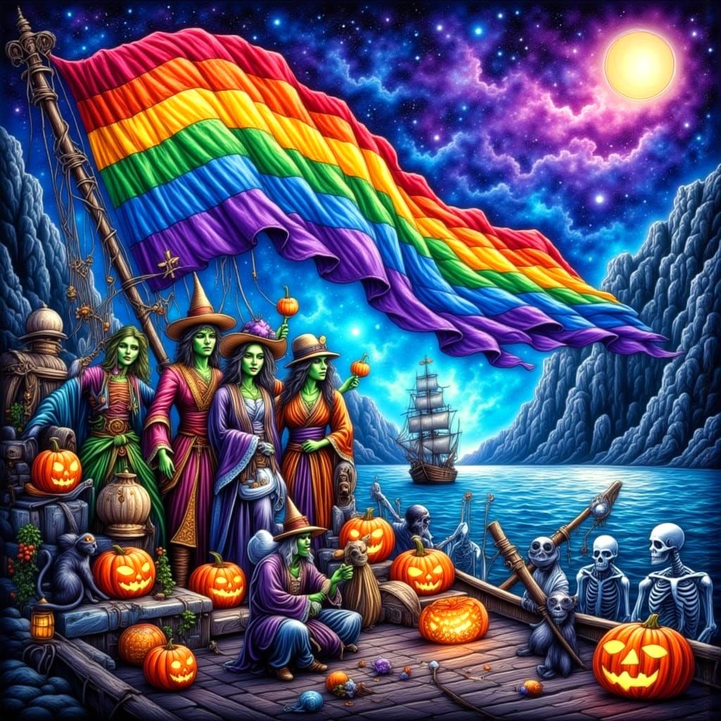 Halloween Party Aboard Pirate Ship Under Rainbow Pride Flag